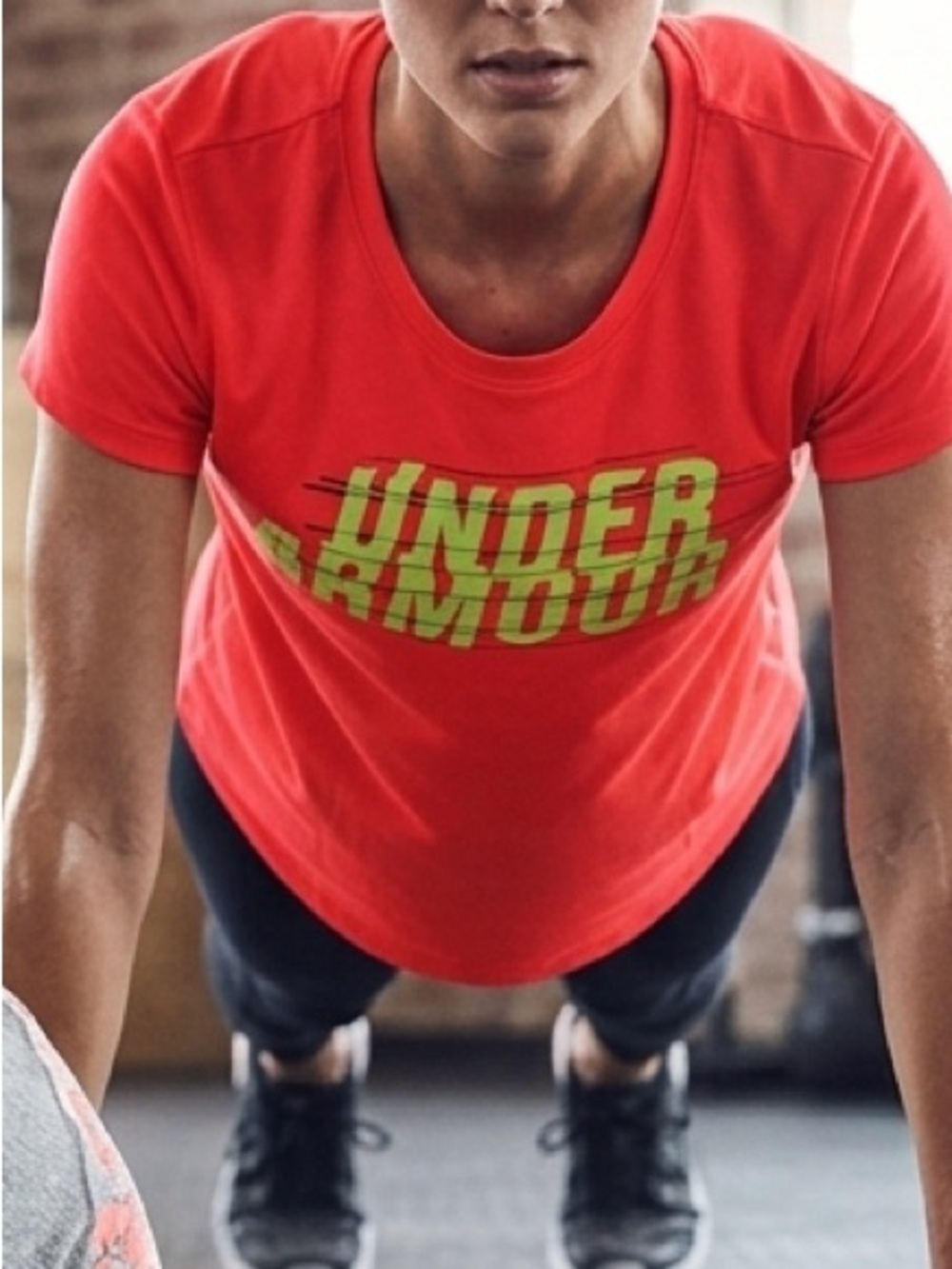 Under Armour women's large Tee with Lime Green Graphic (bright red orange shirt)
